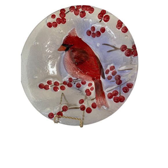 Christmas Red Cardinal & Winter Holly Berries Fused Art Decorative Bowl 13" x 2” - Picture 8 of 9
